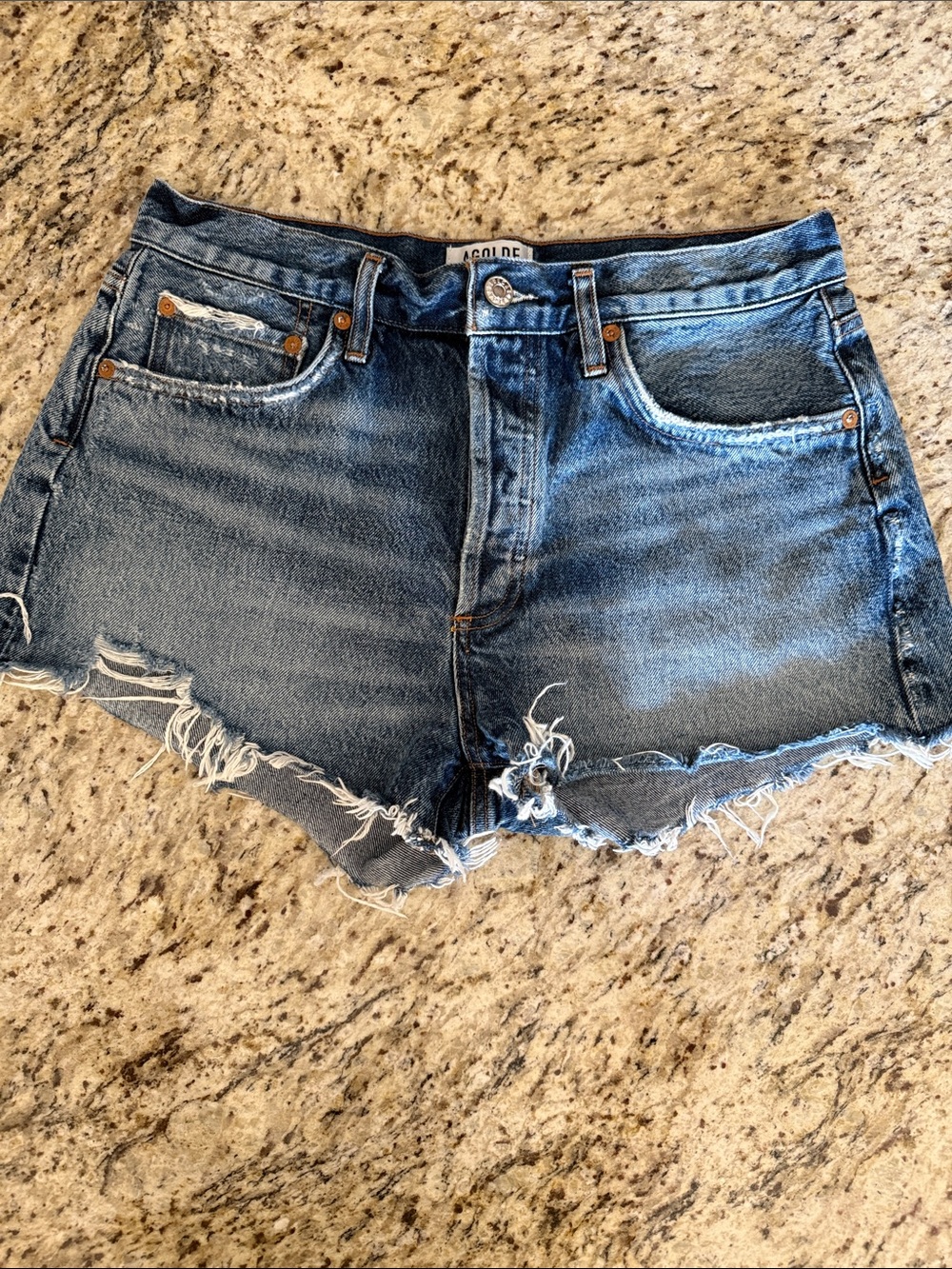 Agolde Parker Vintage Cut-Off Distressed High-Rise Jean Shorts in Rip-Tide Sz 29